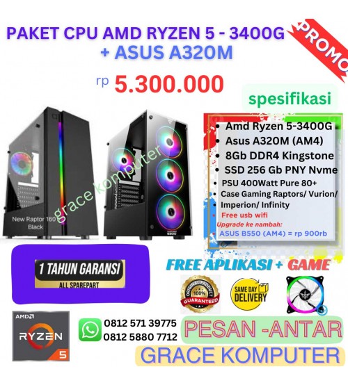 Paket CPU Amd  Gaming - Ryzen 5 -  3400G (AM4) | SSD 256 Gb Nvme PNY |    Case Transparan Gaming